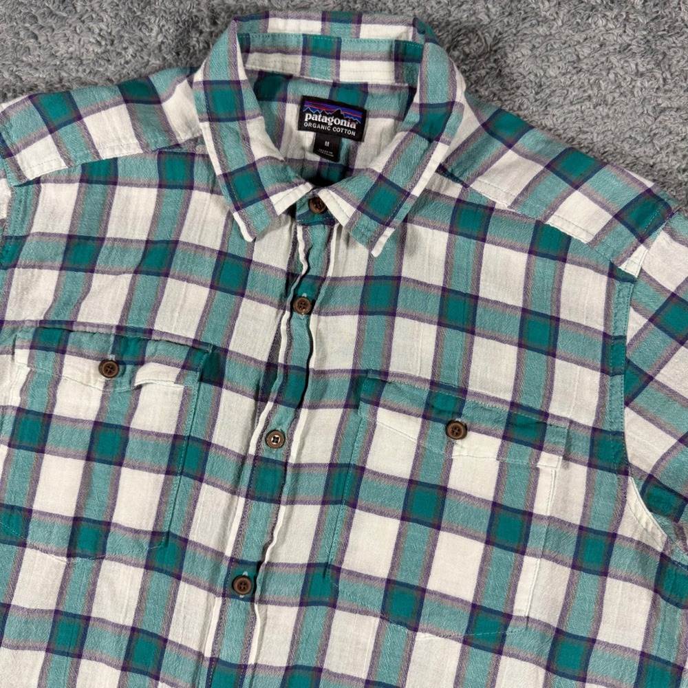 Patagonia Steersman Shirt Teal Blue Plaid Organic Cotton Lightweight Size M